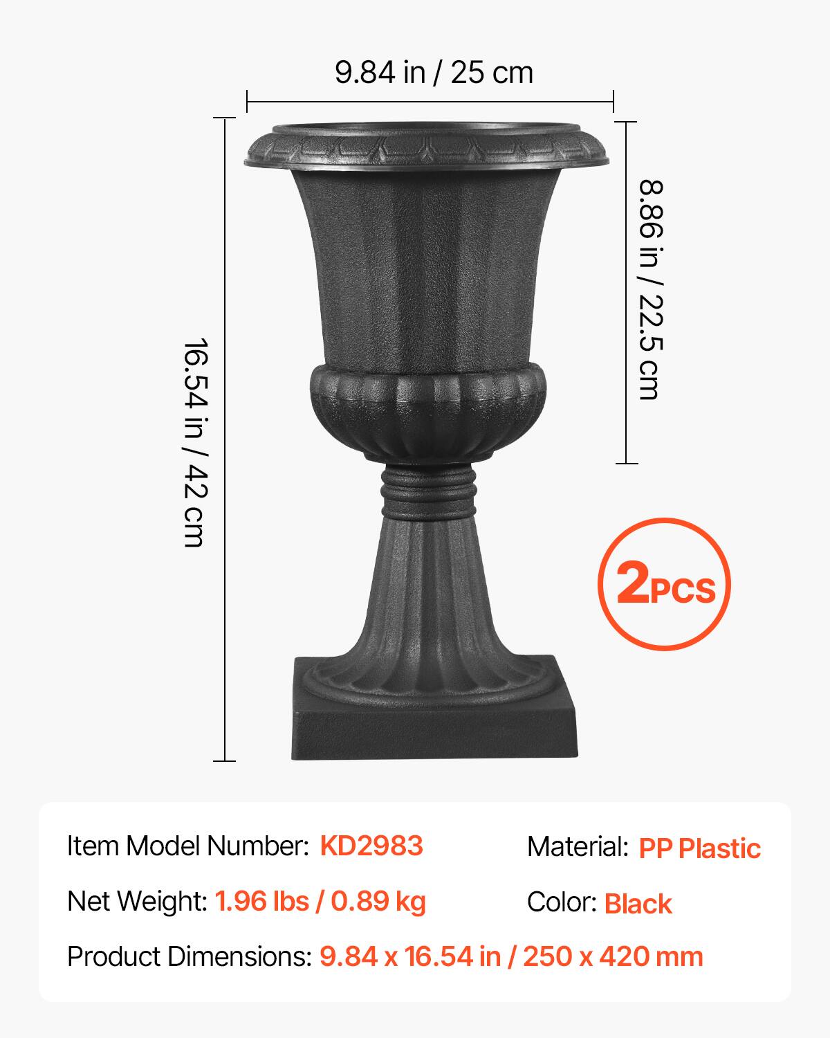 9.84 in / 25 cm  
16.54 in / 42 cm  
8.86 in / 22.5 cm  

2PCS  

Item Model Number: KD2983  
Material: PP Plastic  
Net Weight: 1.96 lbs / 0.89 kg  
Color: Black  
Product Dimensions: 9.84 x 16.54 in / 250 x 420 mm