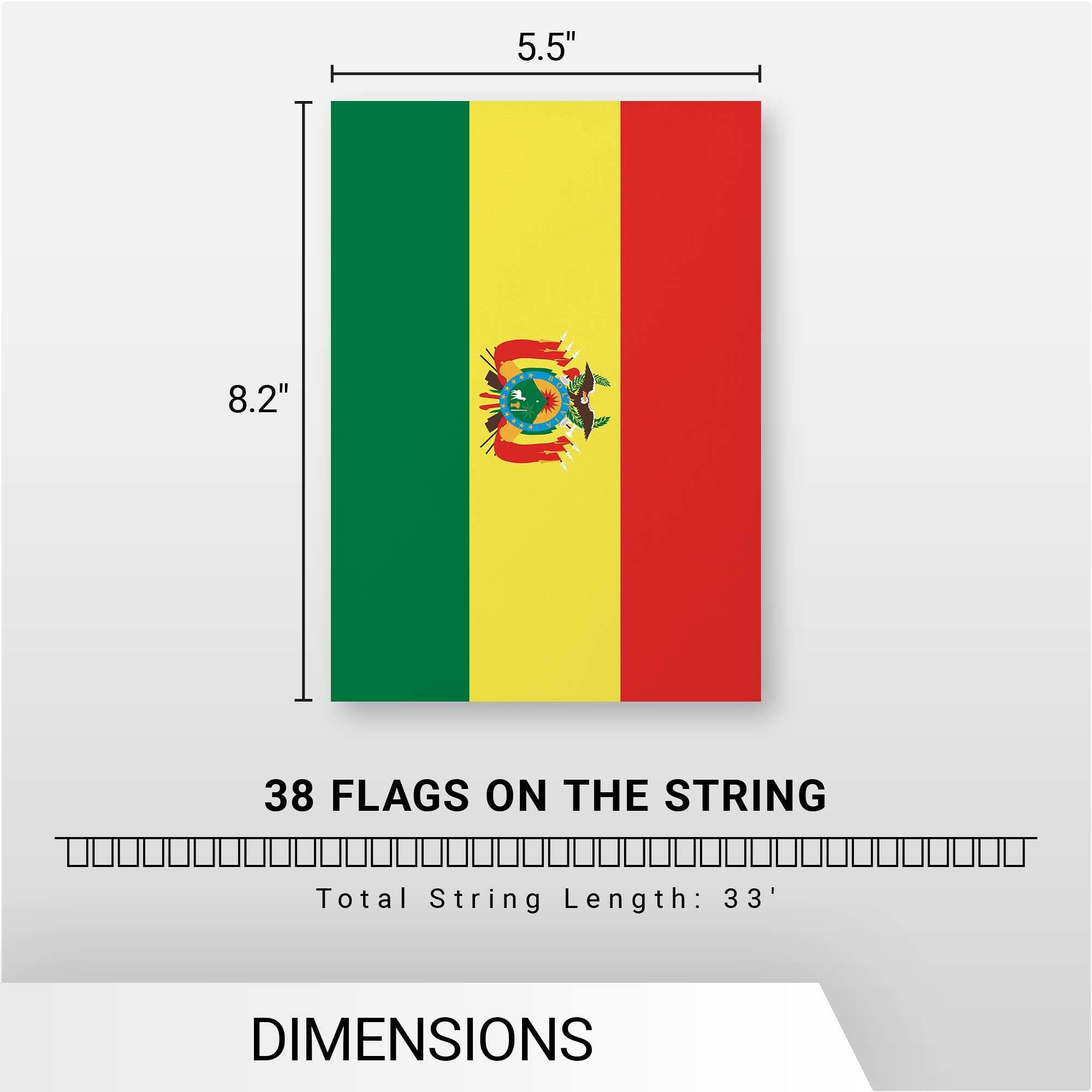 5.5" x 8.2"  
38 FLAGS ON THE STRING  
Total String Length: 33'  
DIMENSIONS