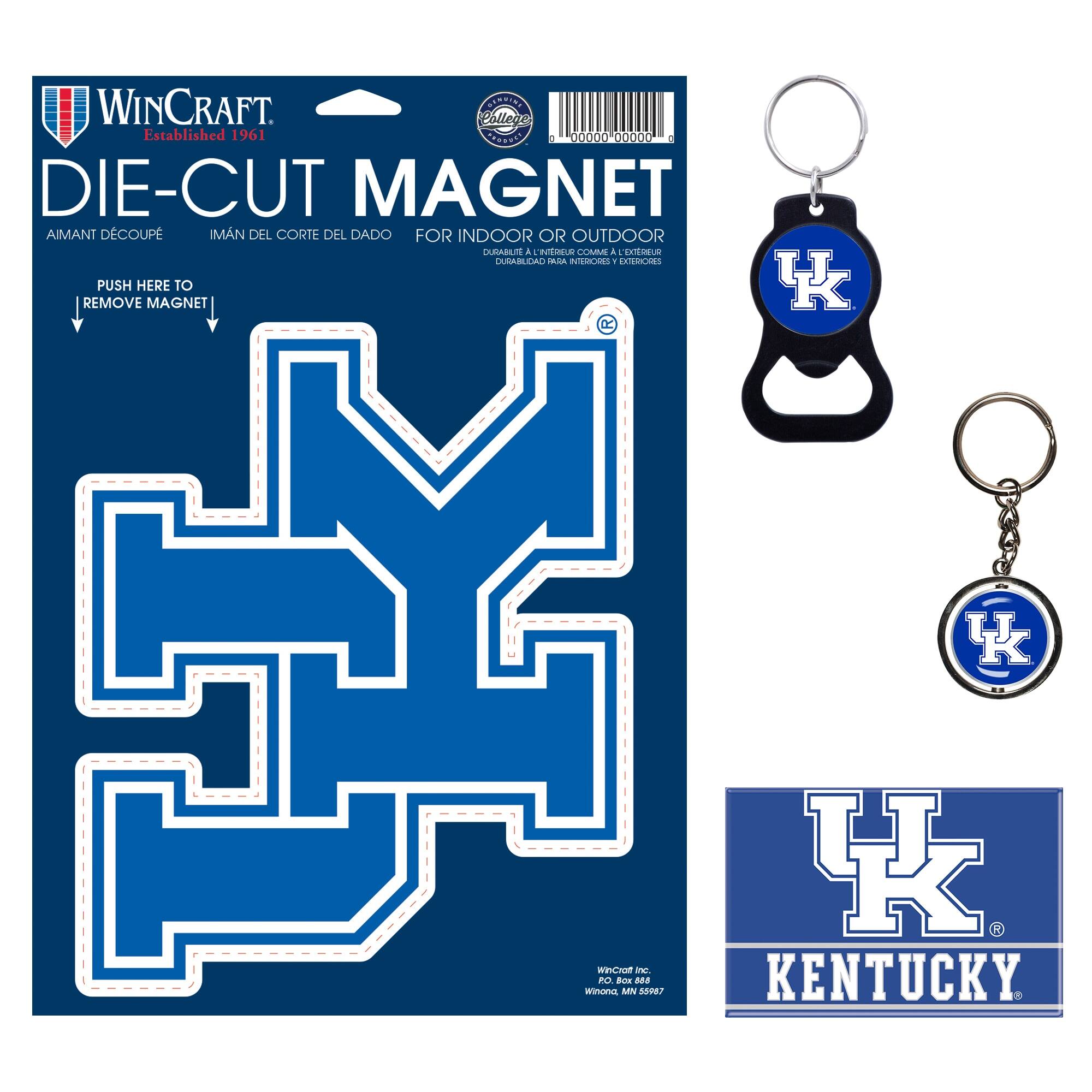 **WinCraft**  
Established 1961  

**DIE-CUT MAGNET**  
AIMANT DÉCOUPÉ  
IMÁN DEL CORTE DEL DADO  
FOR INDOOR OR OUTDOOR  
DURABLE A L'INTÉRIEUR COMME À L'EXTÉRIEUR  
DURABILIDAD PARA INTERIORES Y EXTERIORES  

PUSH HERE TO REMOVE MAGNET  

**KENTUCKY**  
WinCraft Inc.  
PO Box 886  
Winona, MN 55987  

**Barcode:** 0000000000000  

**Keychain:**  
- UK logo on a blue background with a black border  
- UK logo on a blue background with a black border and a chain link  

**Logo:**  
- UK logo on a blue background with the word "KENTUCKY" below it
