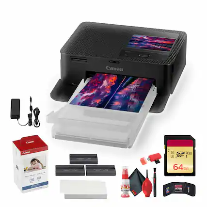Canon SELPHY CP1300 Printer
Canon CP-1300 Ink Cartridges
Canon CP-1300 Paper Pack (100 x 148 mm)
SanDisk 64GB SDXC V30 UHS-I Memory Card
Canon USB Cable
Canon Cleaning Solution
Canon Cleaning Tool
Canon Lens Cleaning Cloth