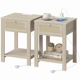Homcom - Side Tables Set of 2 with Charging Station, End Tables with Drawer and Open Shelf for Living Room - Natural Wood