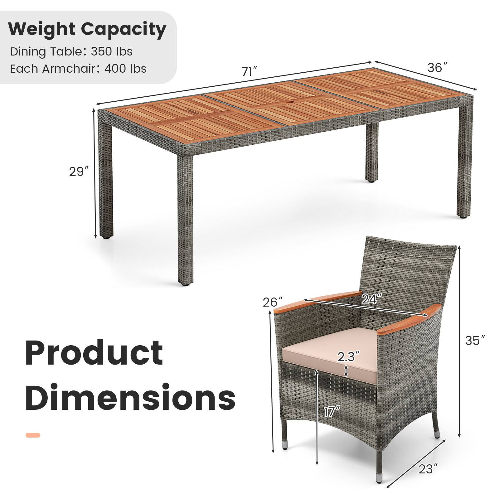 Weight Capacity  
Dining Table: 350 lbs  
Each Armchair: 400 lbs  

Product Dimensions  
Table: 71" x 36" x 29"  
Armchair: 26" x 24" x 35" x 23" x 2.3" x 17"