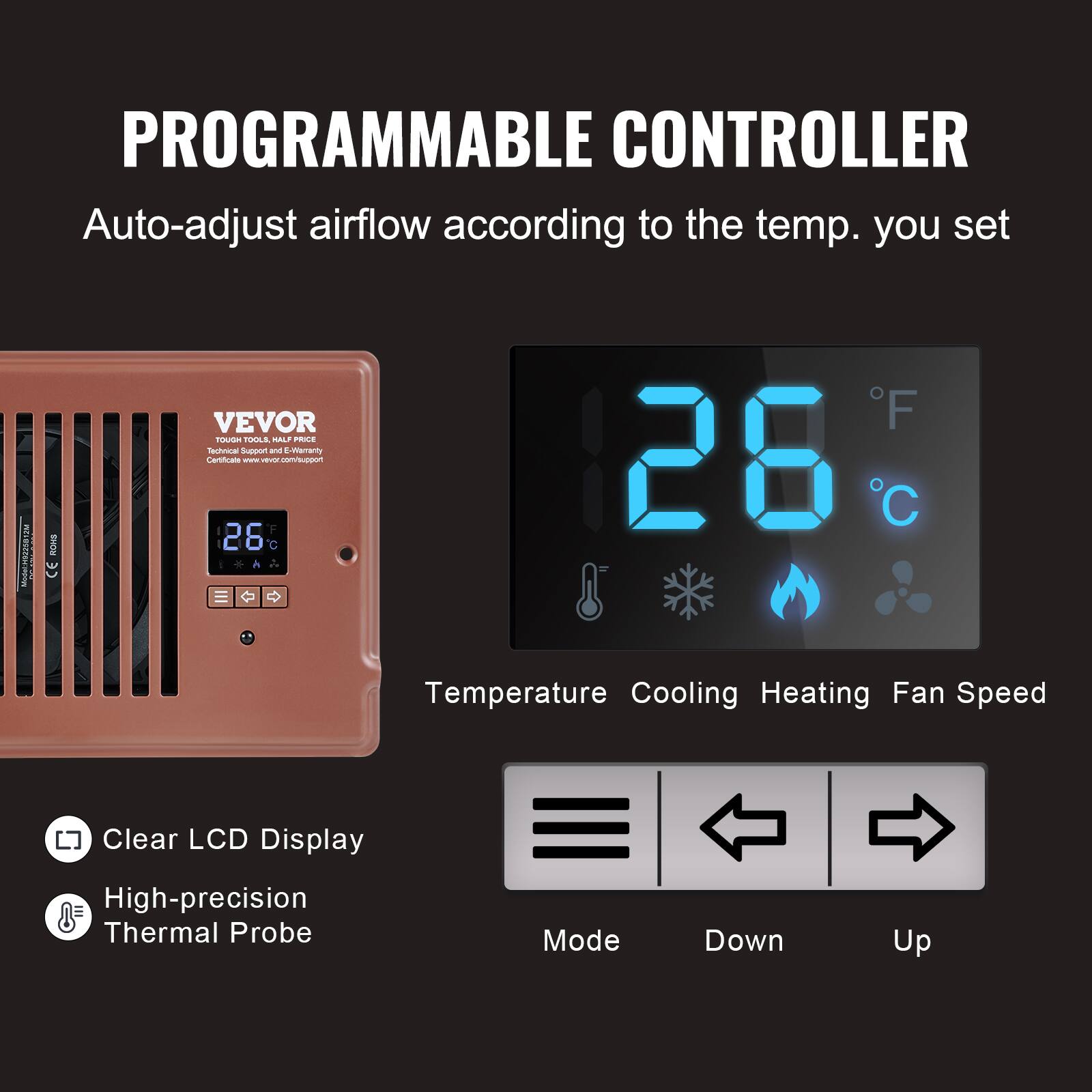 PROGRAMMABLE CONTROLLER  
Auto-adjust airflow according to the temp. you set  

SHOM VEVOR  
Fusam TUULE TAL P -a  
Support and Warranty  

Clear LCD Display  
High-precision Thermal Probe  

Temperature  
Cooling  
Heating  
Fan Speed  

Mode  
Down  
Up  

26°F / 26°C