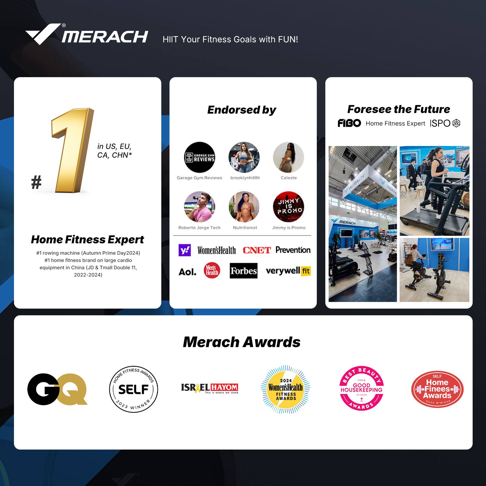 MERACH HIIT Your Fitness Goals with FUN!  
in US, EU, #1 CA, CHN*  
Home Fitness Expert  
#1 rowing machine (Autumn Prime Day 2024)  
#1 home fitness brand on large cardio equipment in China (JD & Tmall Double 11, 2022-2024)  

Endorsed by:  
Garage Gym Reviews  
brooklynhunfit  
Celeste  
Roberto Jorge Tech  
Nutritionist  
Jimmy is Promo  

Foresee the Future  
FIBO Home Fitness Expert ISPO  

Merach Awards  
GQ  
SELF 2023 WINNER  
ISRAEL HAYOM  
Women's Health FITNESS AWARDS 2024  
BEST BEAUTY GOOD HOUSEKEEPING AWARDS  
SELF Home Fitness Awards