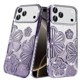 Kitcheniva - Floral 3D Glitter Phone Cover With Tempered Glass For iPhone 17 Pro Max - Purple