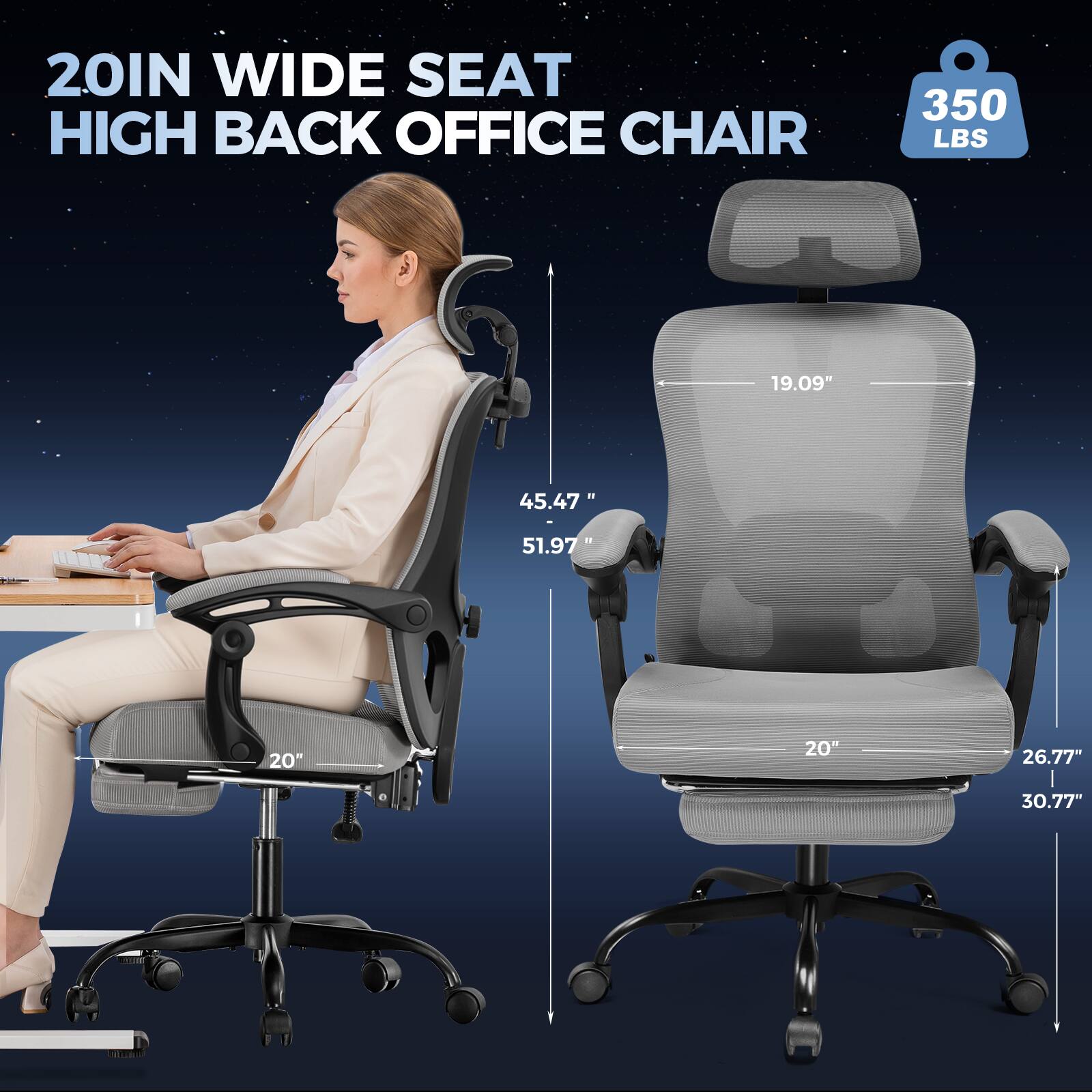 20IN WIDE SEAT HIGH BACK OFFICE CHAIR 350 LBS

19.09"
45.47"
51.97"
20"
20"
26.77"
30.77"