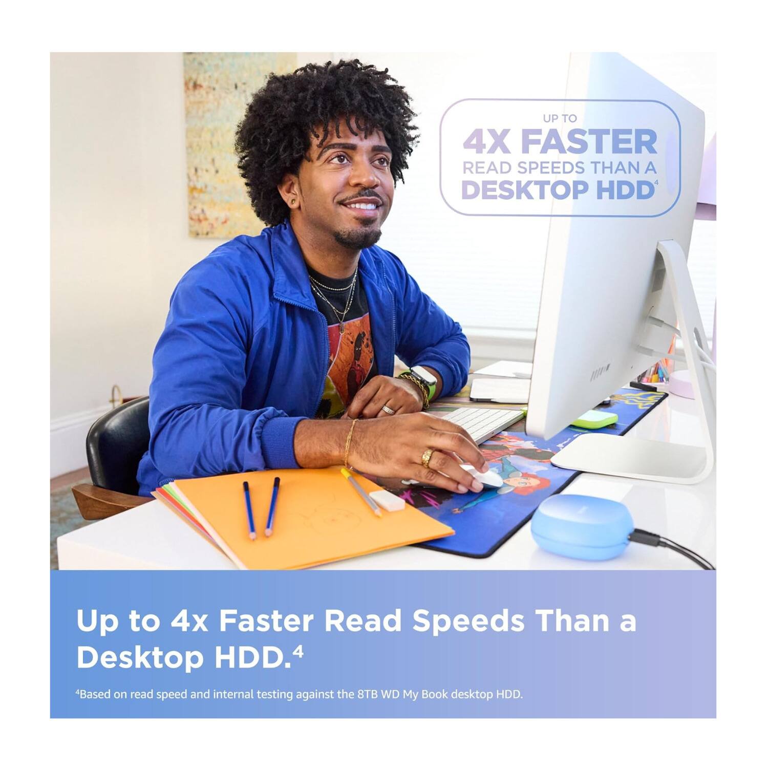 Up to 4x Faster Read Speeds Than a Desktop HDD.  
4 "Based on read speed and internal testing against the 8TB WD My Book desktop HDD.