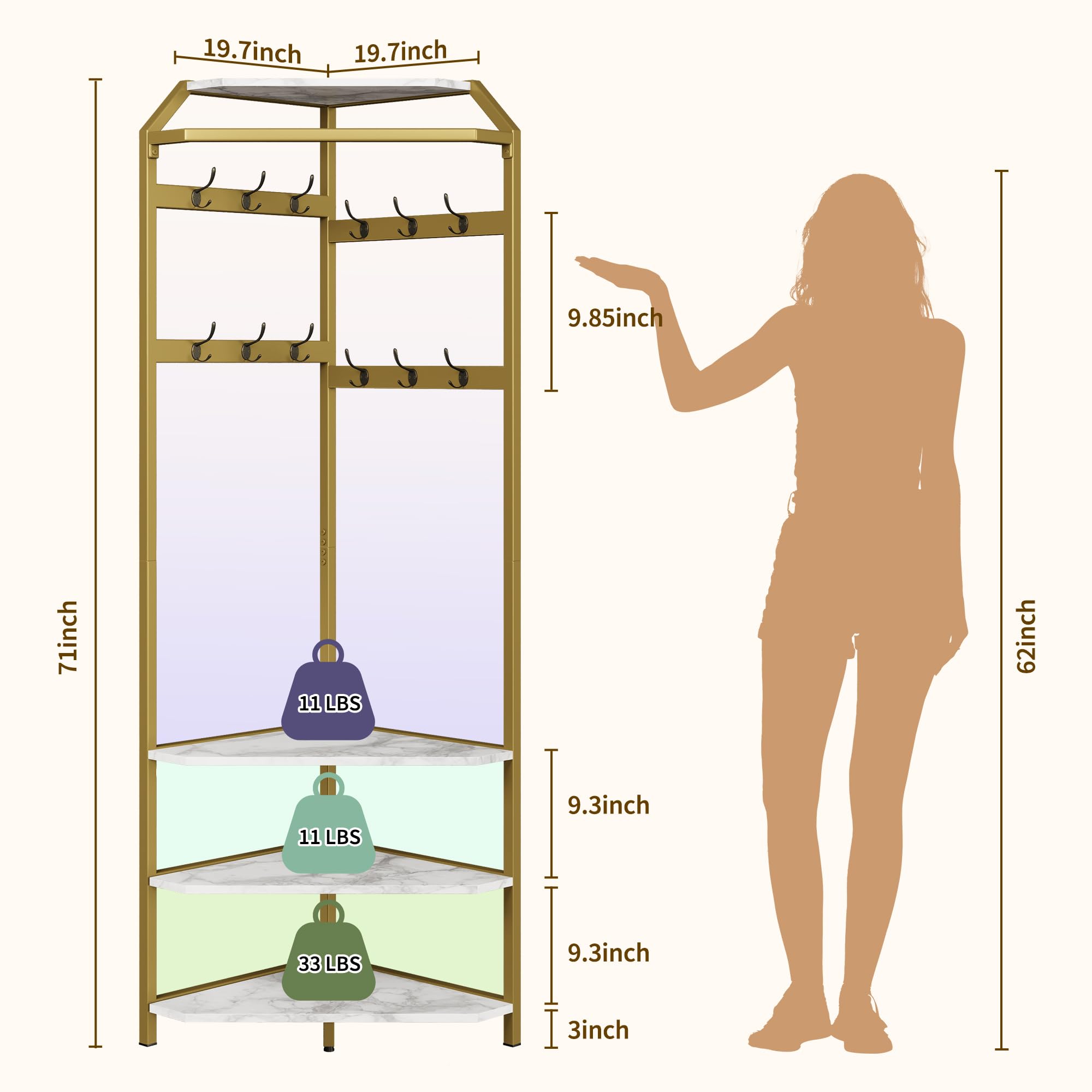 19.7 inch  
19.7 inch  
9.85 inch  
71 inch  
11 LBS  
62 inch  
11 LBS  
9.3 inch  
33 LBS  
9.3 inch  
3 inch