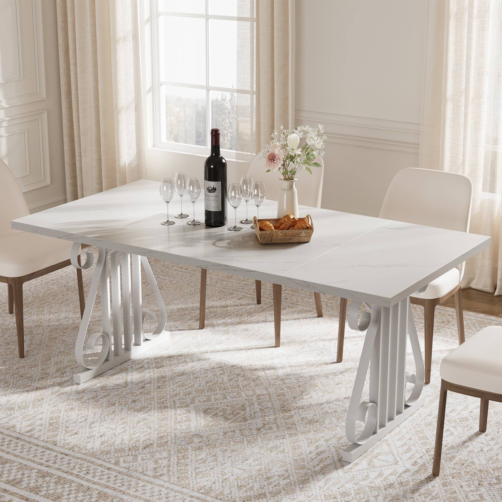 Front. Anysun - 70.9" Modern Dining Table for 6-8 - Rectangular Faux Marble Top, Metal Frame, Adjustable Feet for Kitchen - White.