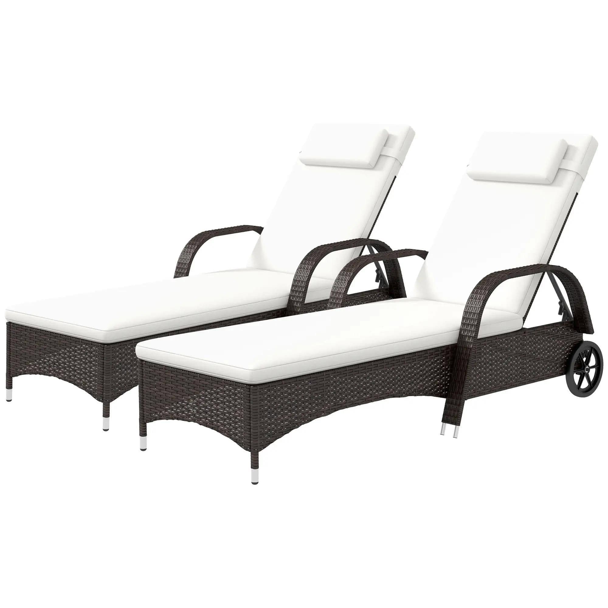 Resenkos - 2 Reclining Chaise Lounge Chairs, Rolling Outdoor Chairs With Cushion, Pillow - Brown, Cream White