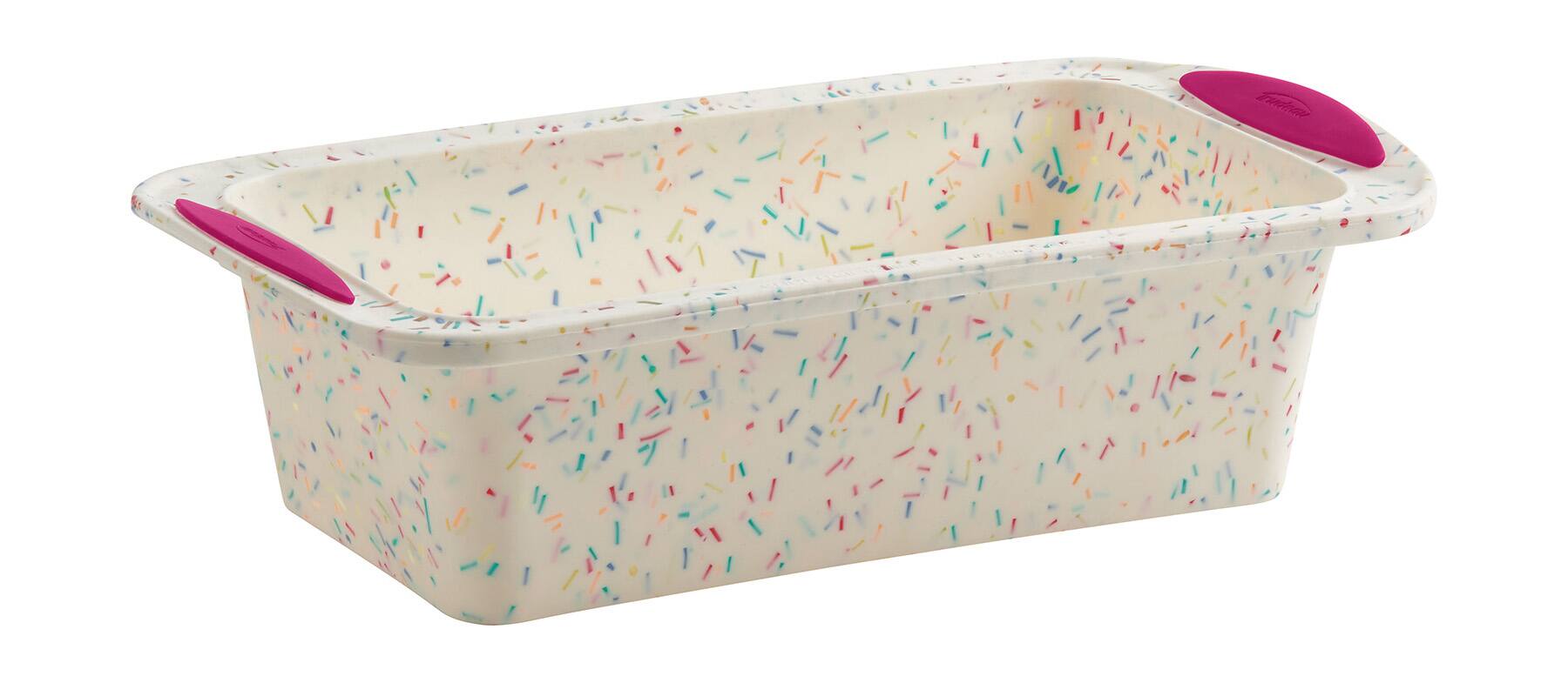 Front. Trudeau - Structure Silicone 8.5 x 4.5 Inch Loaf Pan, Confetti/Fuchsia - White.