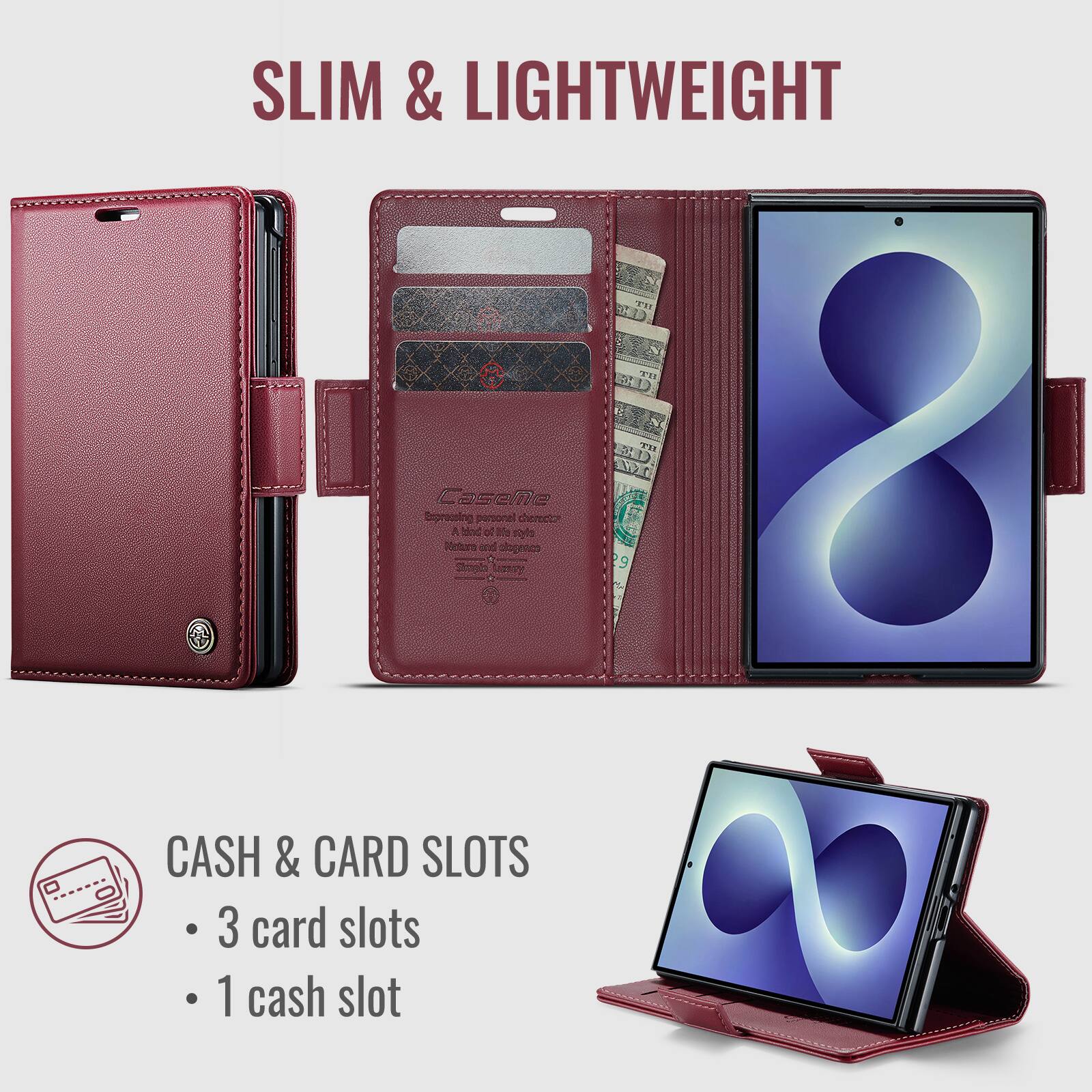 SLIM & LIGHTWEIGHT

CASH & CARD SLOTS
- 3 card slots
- 1 cash slot