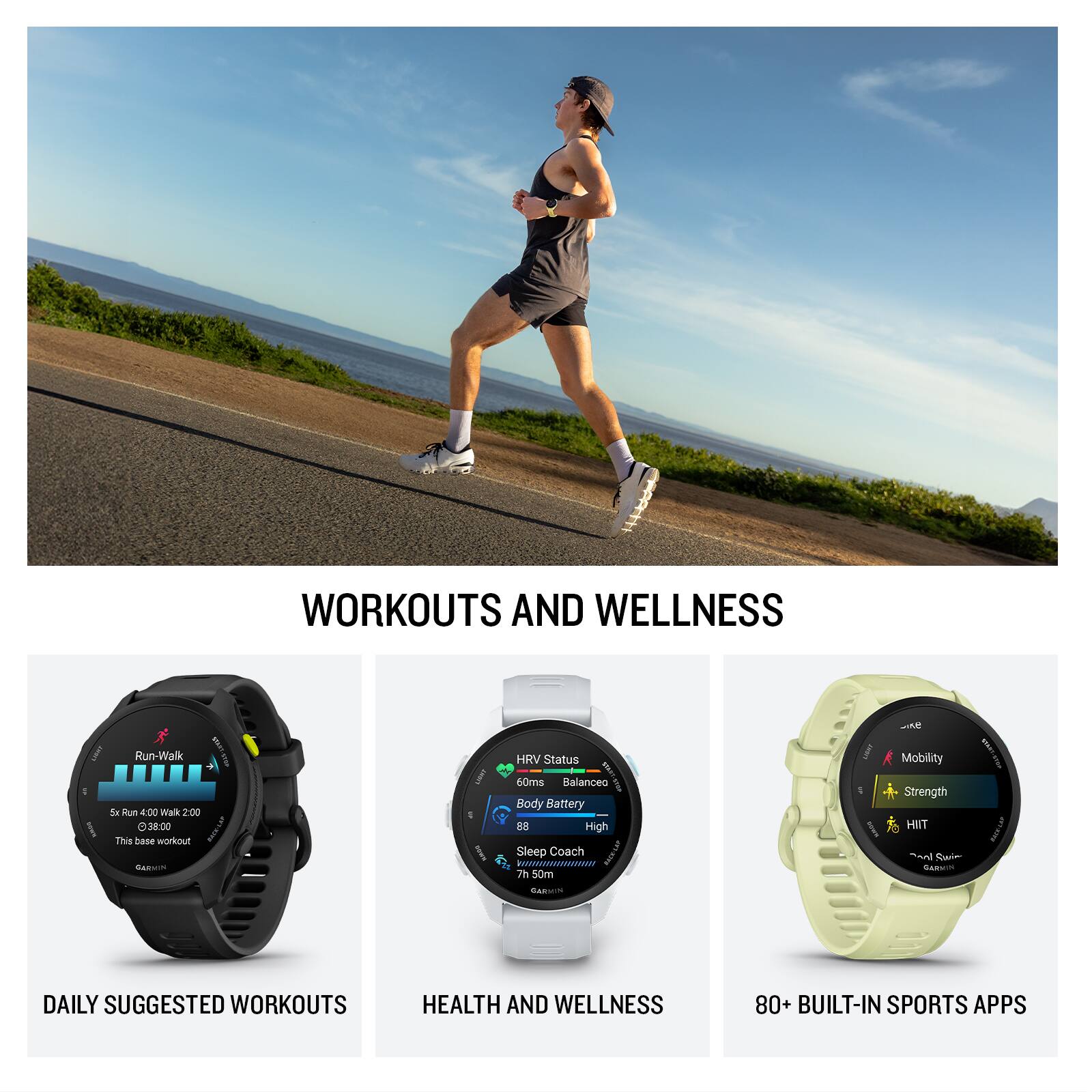 WORKOUTS AND WELLNESS

- Run-Walk
  - 5x Run 4:00 Walk 2:00
  - 38:00
  - This base workout

- HRV Status
  - 60ms

- Balanceo
  - Body Battery
  - 88
  - High

- Sleep Coach
  - 5dmm

- Mobility
  - Strength
  - HIIT
  - Soier
  - SARMIS

- DAILY SUGGESTED WORKOUTS
- HEALTH AND WELLNESS
- 80+ BUILT-IN SPORTS APPS