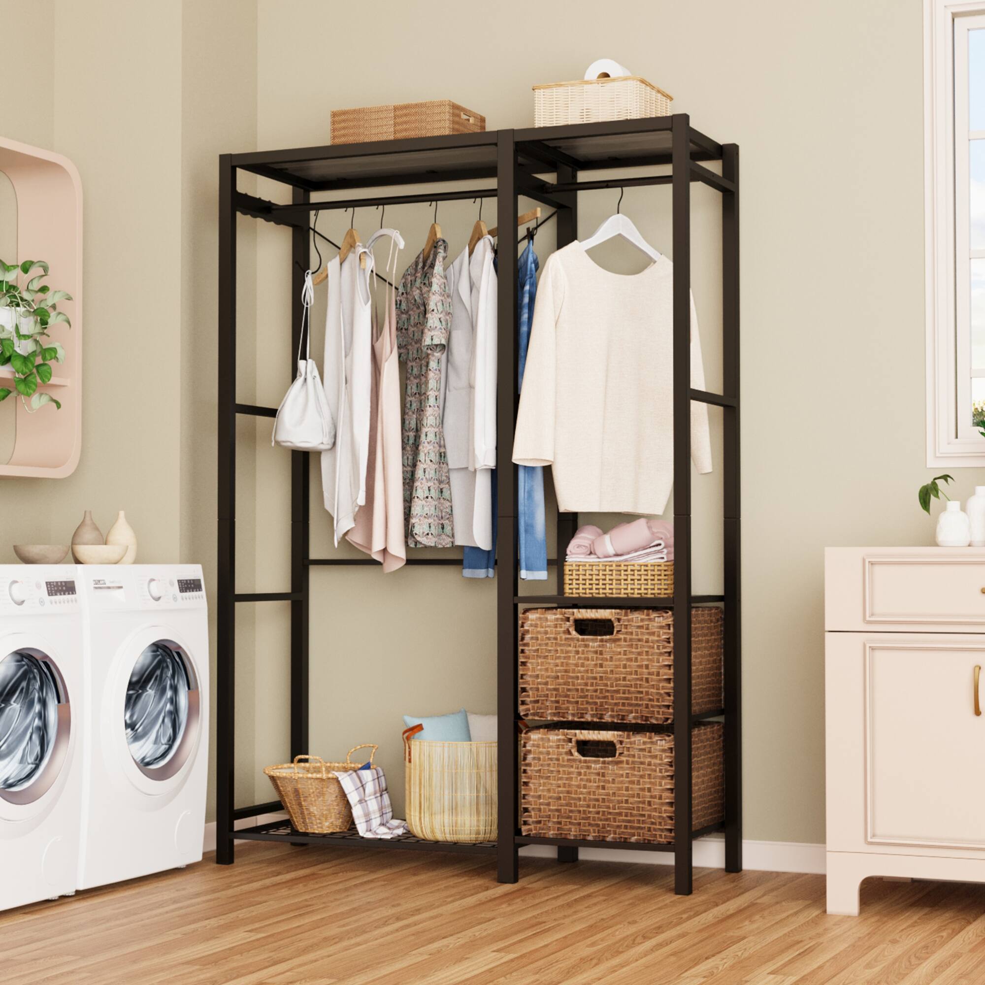 Alt View 4. GOODSILO - Freestanding Wood Garment Rack with Shelves, Drawers and Hanging Hooks - Heavy Duty Closet Organization System - Brown.