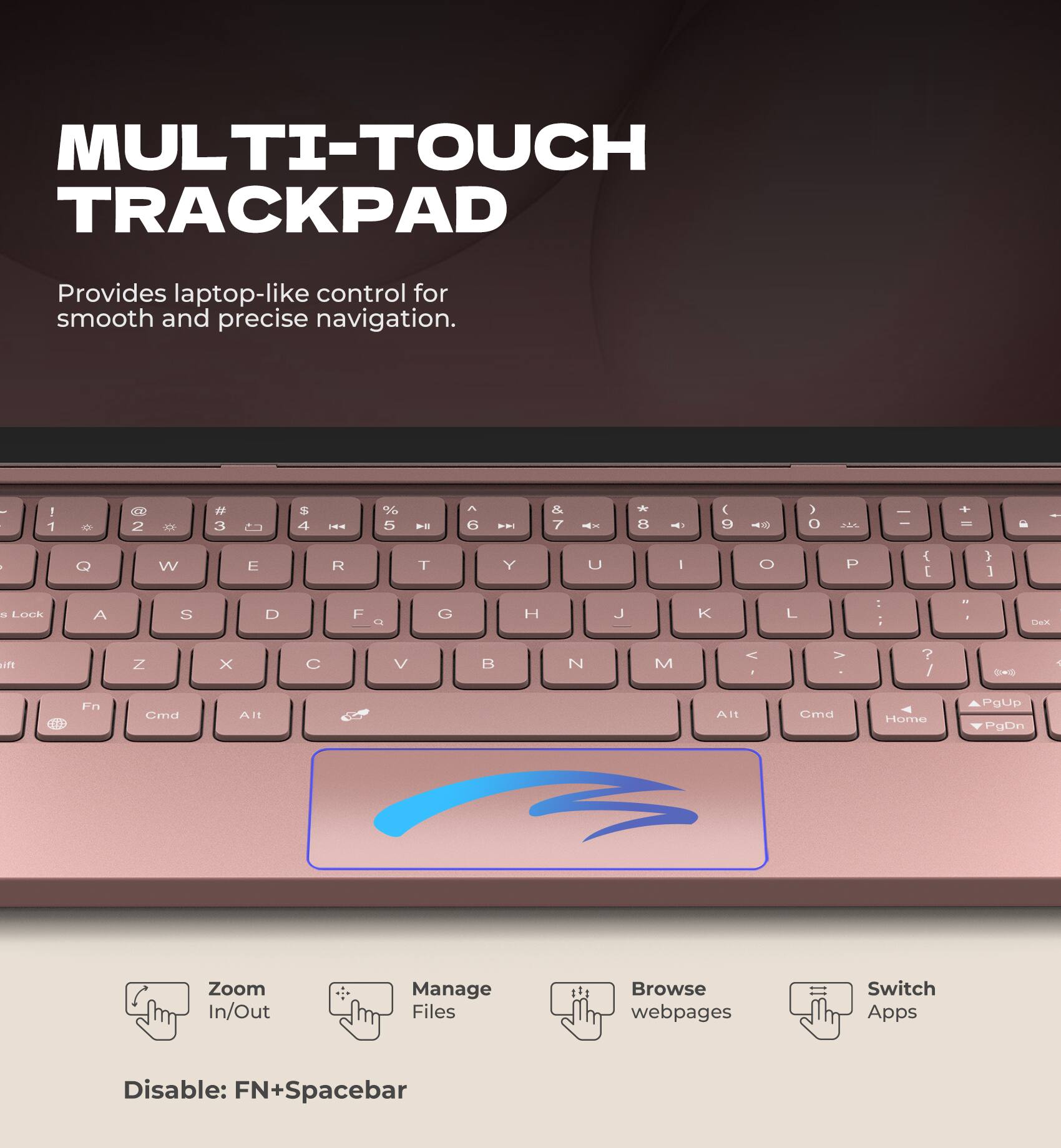 MULTI-TOUCH TRACKPAD  
Provides laptop-like control for smooth and precise navigation.  

1 2 3 4 5 6 7 8 9 0 - =  
Q W E R T Y U I O P { } |  
A S D F G H J K L : ;  
Z X C V B N M , . /  
Fn Cma Alt Alt Cmd Home PgUp PgDn  

Zoom In/Out  
Manage Files  
Browse webpages  
Switch Apps  

Disable: FN+Spacebar