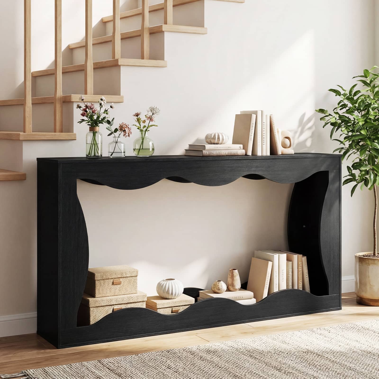 Costway - 63" Console Table, 2-Tier Narrow Entryway Table with Wavy Edge Storage Shelf - Black