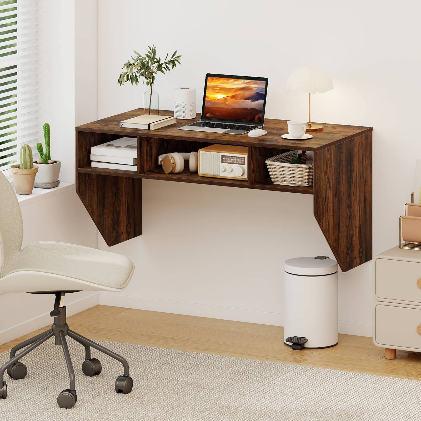 Alt View 1. Costway - Costway Wall-Mounted Computer Desk Home Office Floating Study Table with Spacious Tabletop - Rustic Brown.