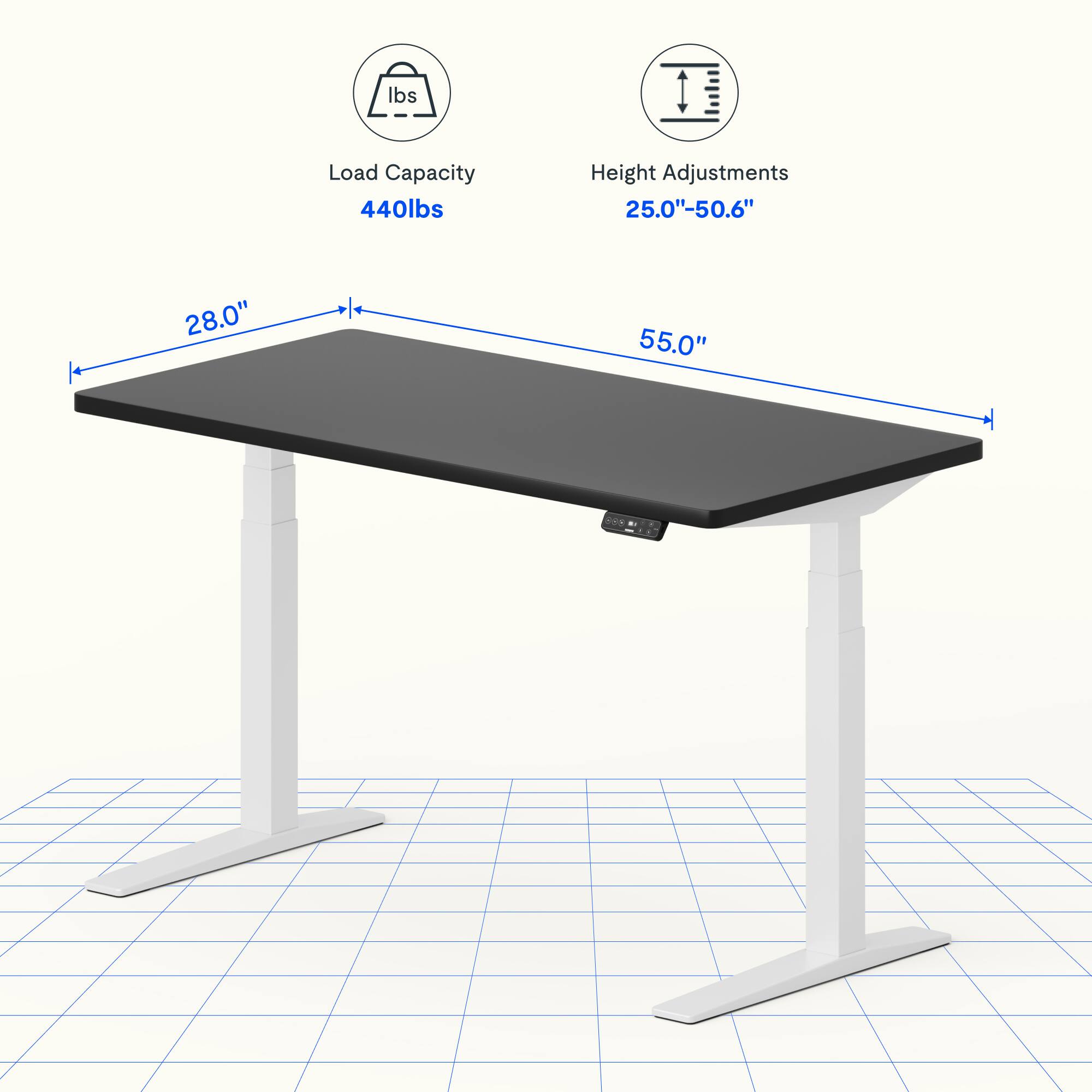 Load Capacity: 440lbs  
Height Adjustments: 25.0"-50.6"  
Table Dimensions: 28.0" x 55.0"