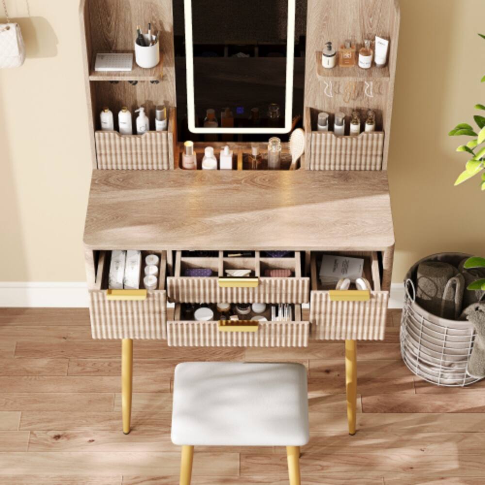 Alt View 2. LUCKY ONE - 4-Drawer Vanity Desk with LED Mirror, Fluted Design, Metal Legs and PU Stool for Bedroom - Yellow Brown.