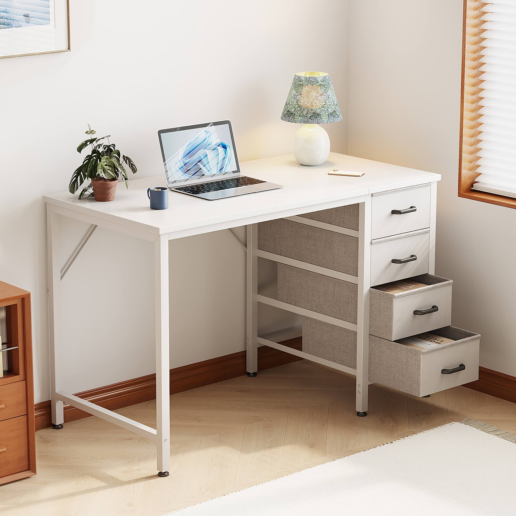 Alt View 1. AODK - 40" Small Computer Desk with 4 Fabric Drawers, Modern Writing Desk with Storage for Home Office, Bedroom & Small Spaces - White.