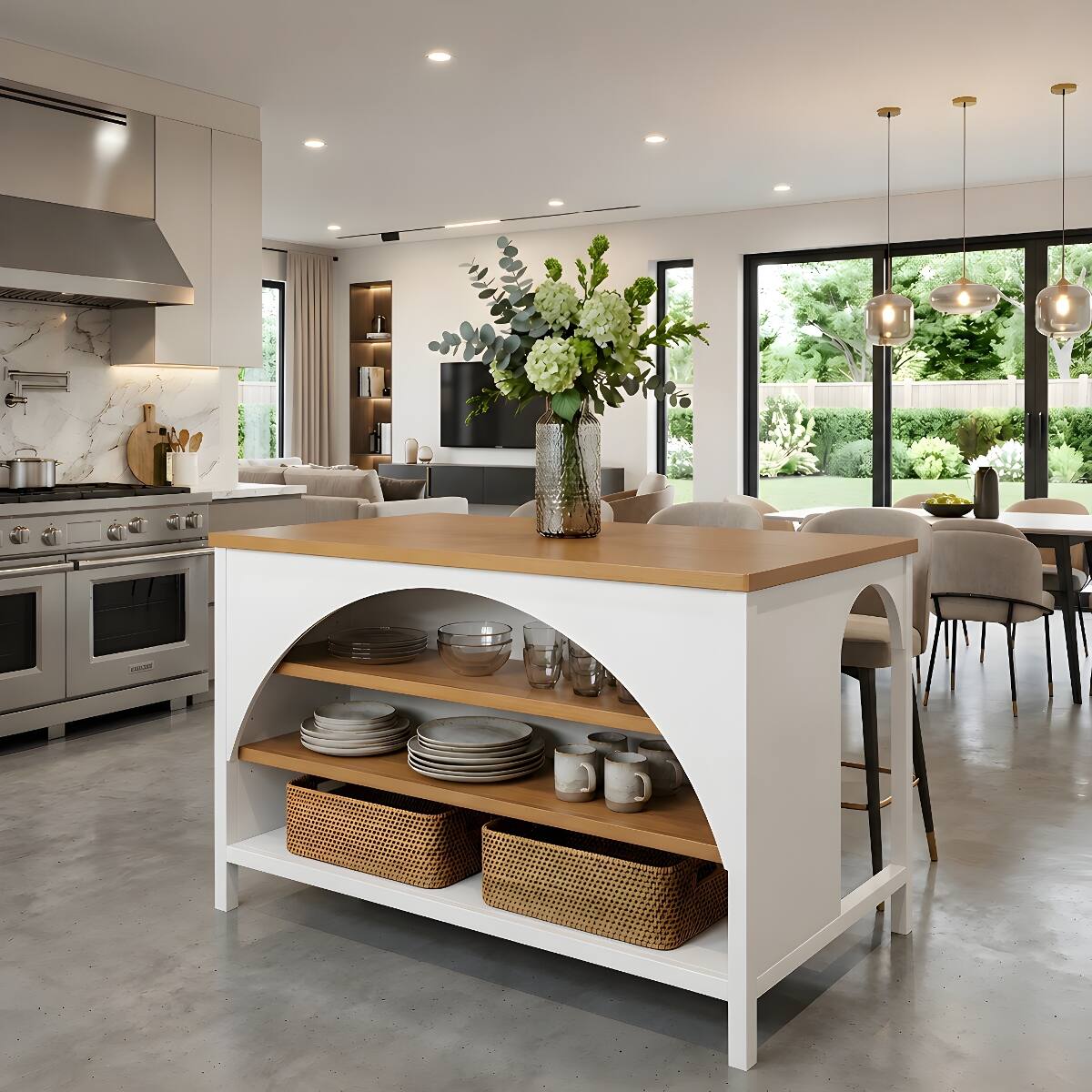 Front. Loheer - Loheer 56 inch Farmhouse Kitchen Island White Kitchen Island with Natural Wood Top Open Storage Shelves - White.