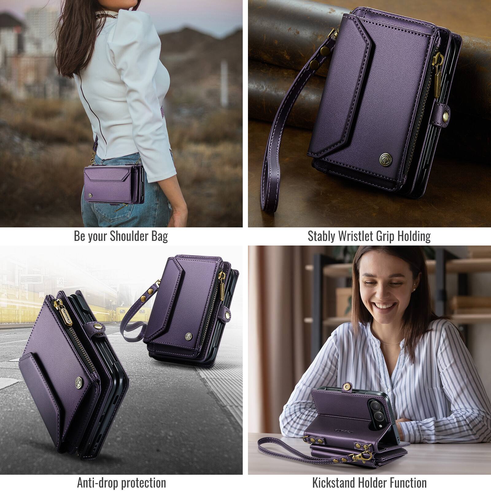 Be your Shoulder Bag  
Stably Wristlet Grip Holding  
Anti-drop protection  
Kickstand Holder Function