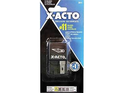 X-ACTO  
PRECISION INSTRUMENTS  

15 BLADES  
15 LAMES  
15 CUCHILLAS  

#11  
BLADES  
LAMES  
CUCHILLAS  

LIGHT CUTTING & TEMMING  
CORTES Y RECORTADO LIGEROS  
TALLAÇA LEGER  

X411  

X-ACTO  
#1  
MADE IN USA  

A B C D