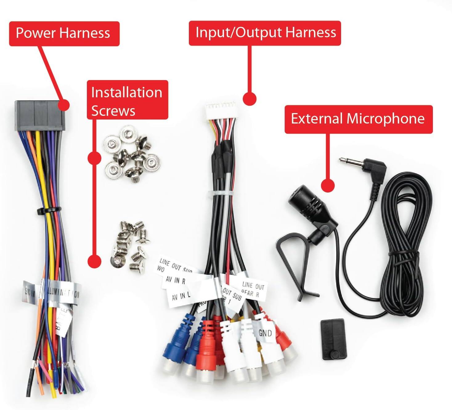 Power Harness  
Installation Screws  

Input/Output Harness  
LINE OUT SUB  
LINE OUT SUB  
AV IN R  
AV IN L  
GND  

External Microphone