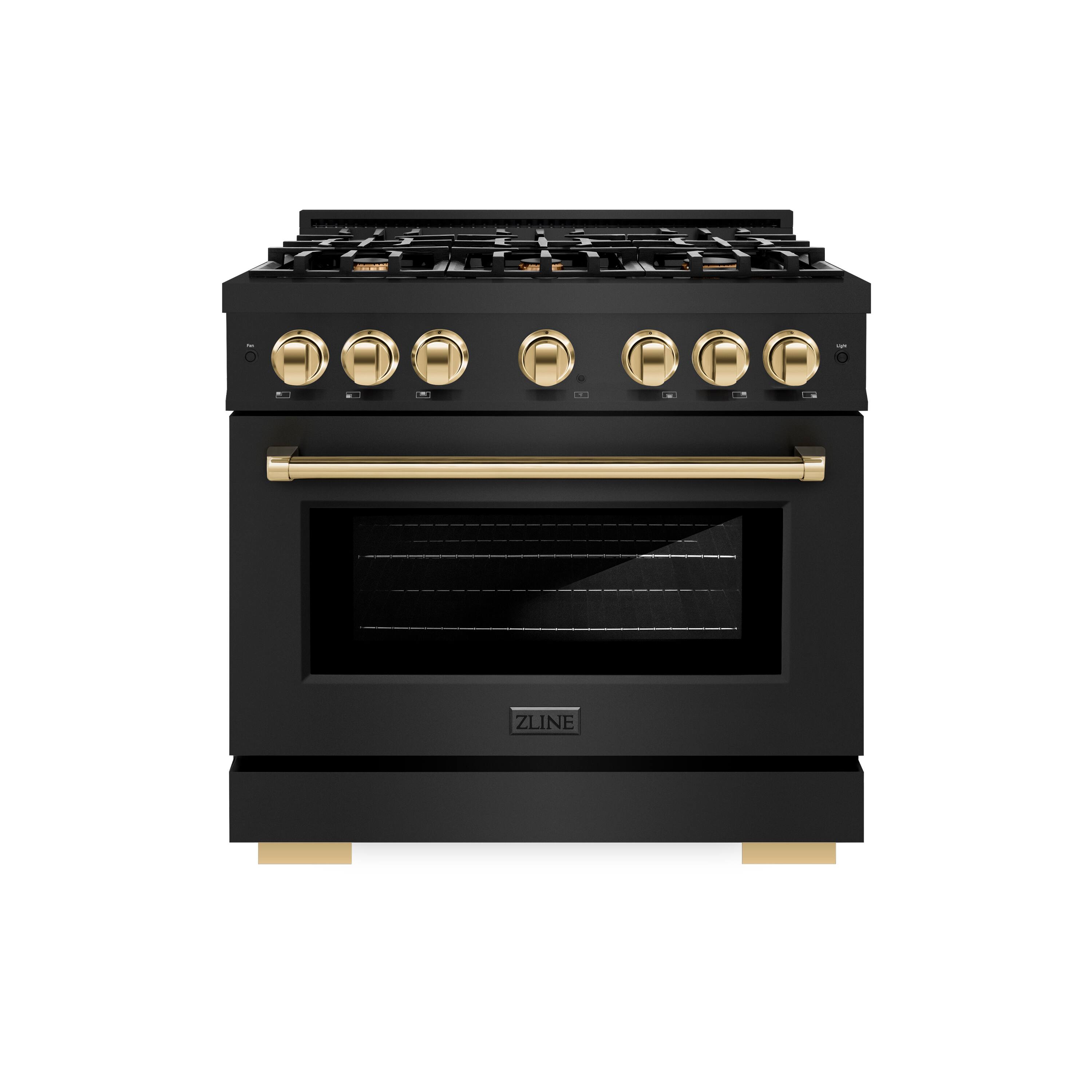 Angle. ZLINE - ZLINE Autograph 36 in. 5.2 cu. ft. Freestanding Select Black Stainless Gas Range w/ 6 Burners & Gold Accents - Black Stainless Steel.