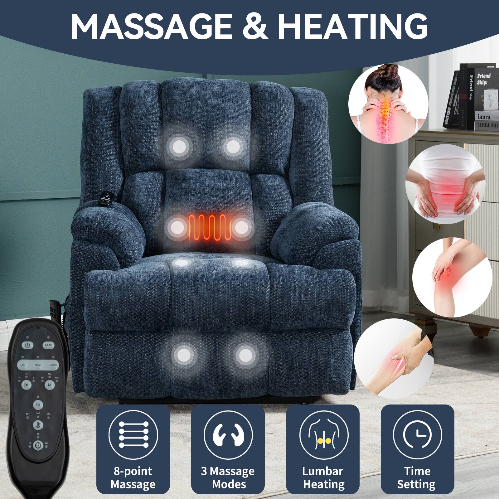 MASSAGE & HEATING

- 8-point Massage
- 3 Massage Modes
- Lumbar Heating
- Time Setting
