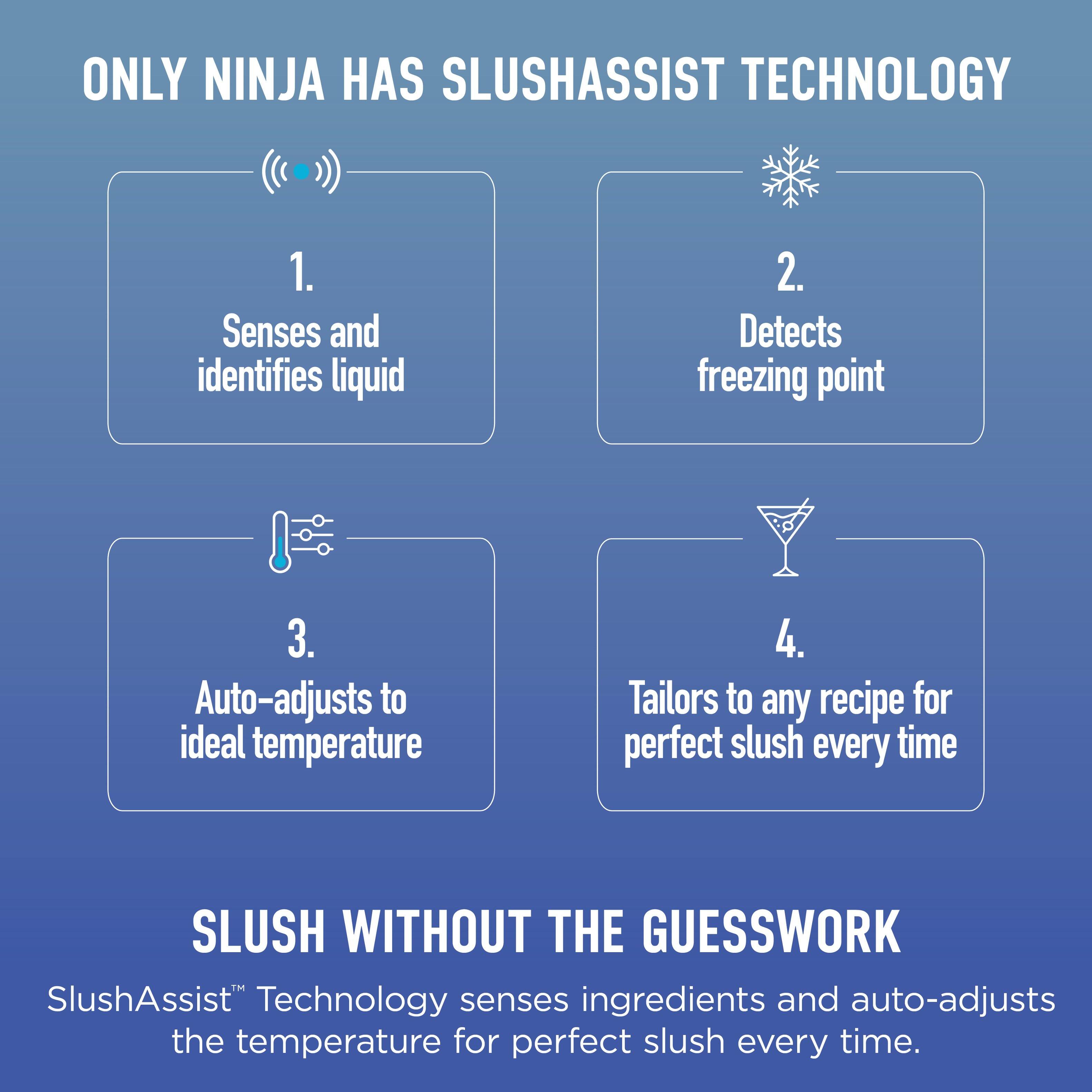 ONLY NINJA HAS SLUSHASSIST TECHNOLOGY

1. Senses and identifies liquid
2. Detects freezing point
3. Auto-adjusts to ideal temperature
4. Tailors to any recipe for perfect slush every time

SLUSH WITHOUT THE GUESSWORK

SlushAssist™ Technology senses ingredients and auto-adjusts the temperature for perfect slush every time.