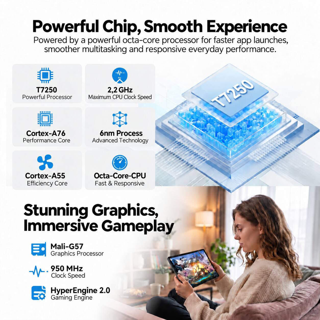 Powerful Chip, Smooth Experience  
Powered by a powerful octa-core processor for faster app launches, smoother multitasking and responsive everyday performance.  

T7250  
2.2GHz Powerful Processor  
Maximum CPU Clock Speed  
T7250 Cortex-A76  
6nm Process Performance Core  
Advanced Technology  
Cortex-A55 Efficiency Core  
Octa-Core-CPU Fast & Responsive  

Stunning Graphics, Immersive Gameplay  
Mali-G57 Graphics Processor  
950 MHz Clock Speed  
HyperEngine 2.0 Gaming Engine