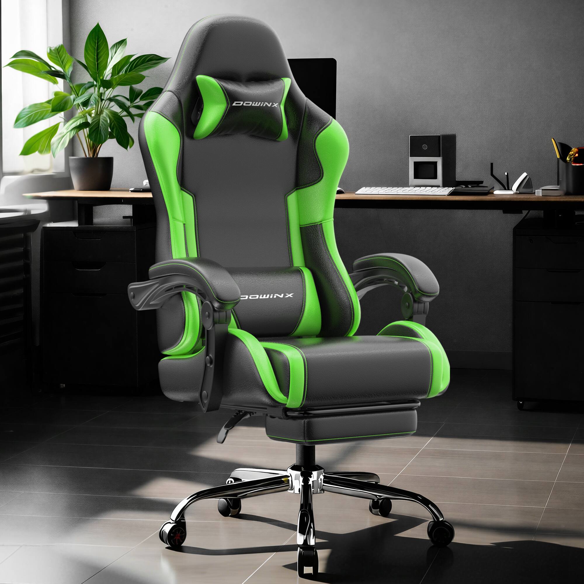 Alt View 3. Dowinx - Ergonomic Gaming Chair with Footrest, Reclining Office Chair with Massage Lumbar Support & Adjustable Headrest for Adult - Black Green.