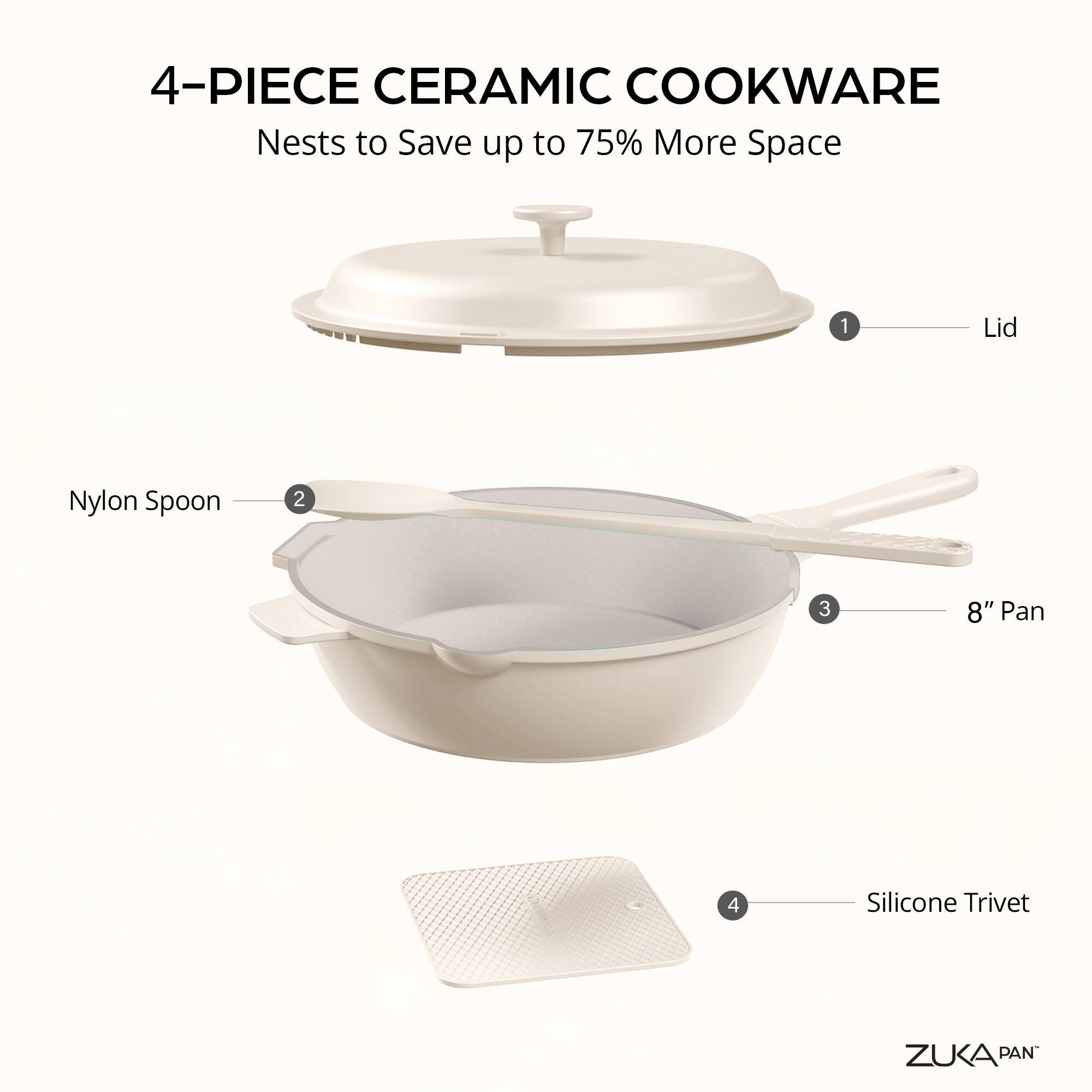 4-PIECE CERAMIC COOKWARE  
Nests to Save up to 75% More Space  

1. Lid  
2. Nylon Spoon  
3. 8" Pan  
4. Silicone Trivet  

ZUKA PAN