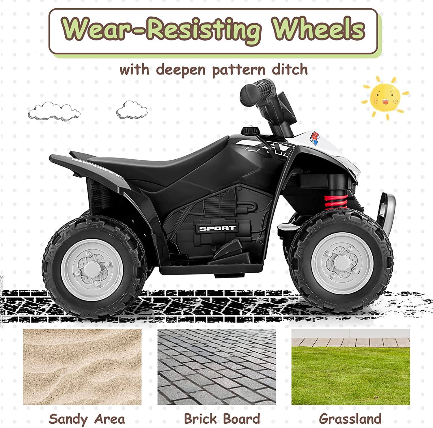 Wear-Resisting Wheels  
with deepen pattern ditch  

Sandy Area  
Brick Board  
Grassland