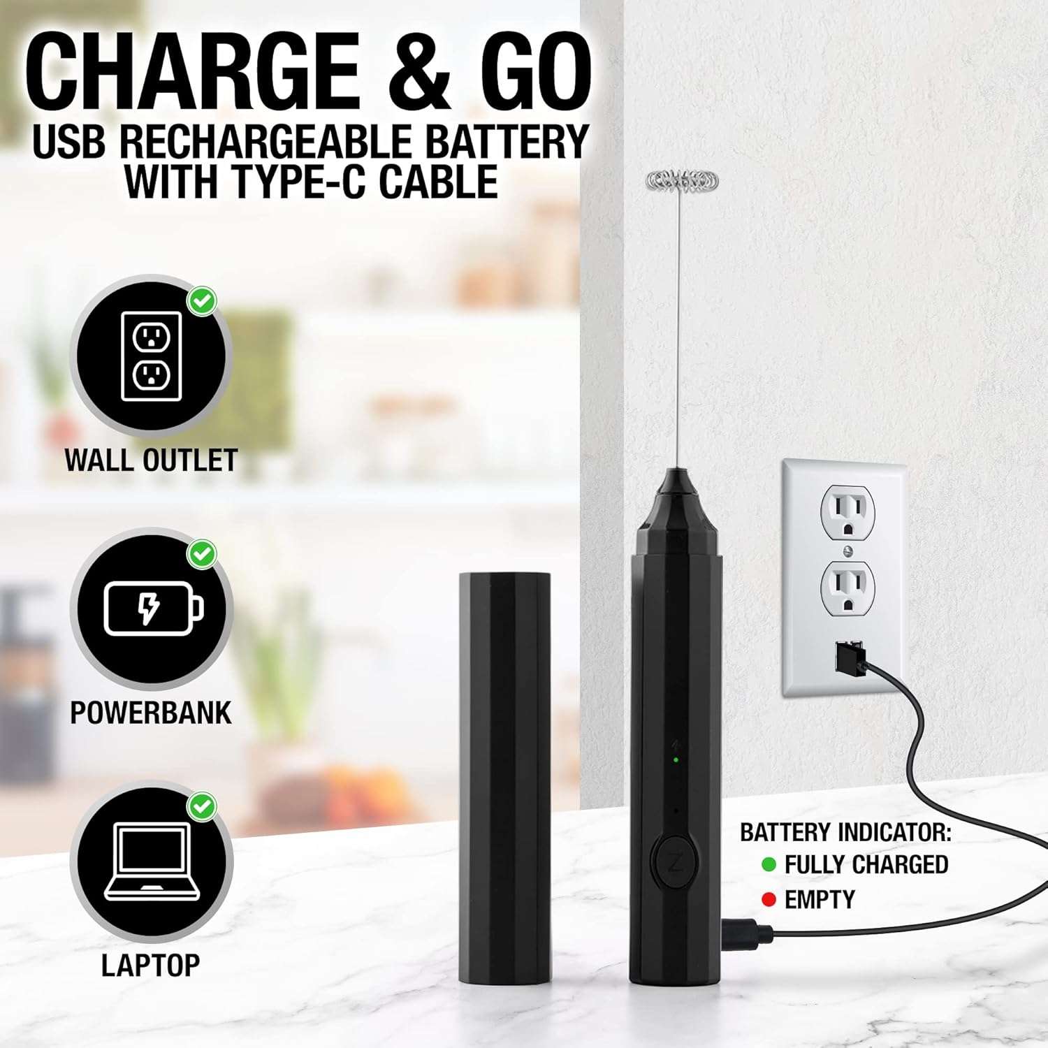 CHARGE & GO  
USB RECHARGEABLE BATTERY WITH TYPE-C CABLE  

WALL OUTLET  
POWERBANK  
LAPTOP  

BATTERY INDICATOR:  
• FULLY CHARGED  
• EMPTY