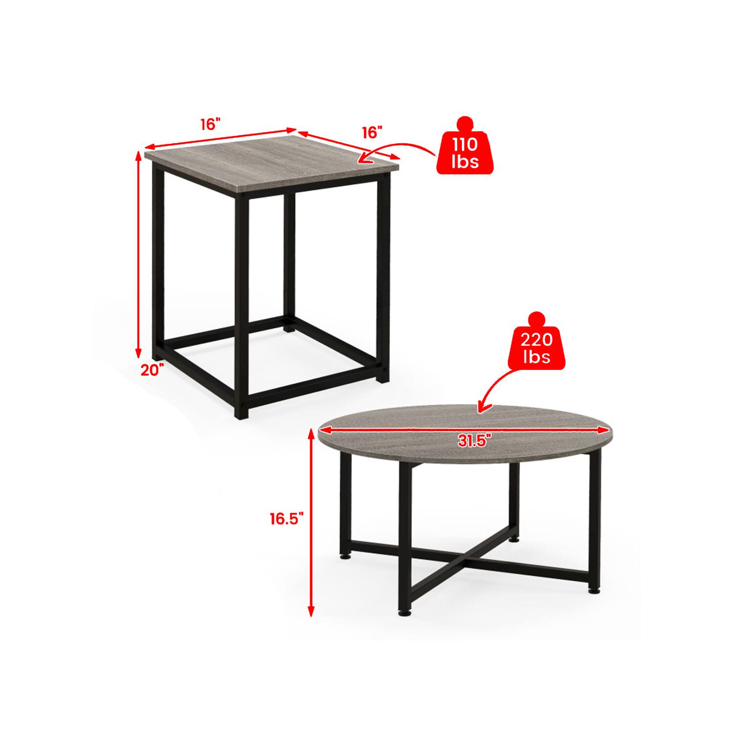 16" 16" 110 lbs  
20" 220 lbs  
31.5" 16.5"