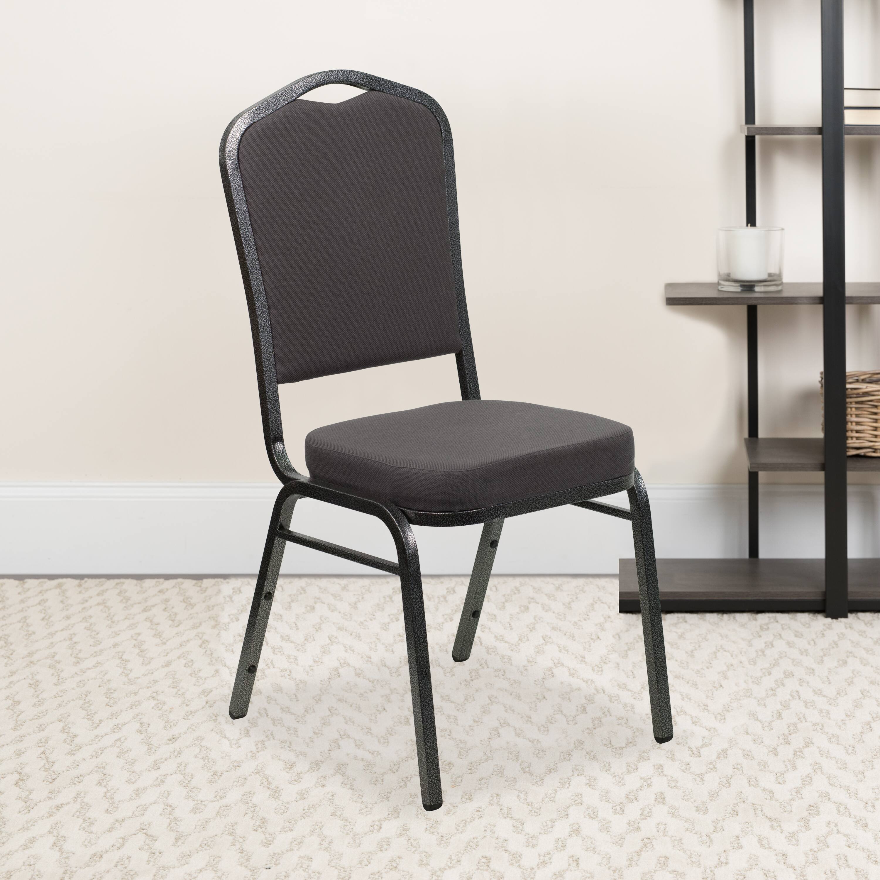 Alt View 2. Emma + Oliver - 4 Pack Crown Back Stacking Banquet Chair - Gray Fabric/Silver Vein Frame.