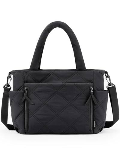 Front. Vulpecula Spade - Tote Bag for Women, Puffer Tote Bag with Zipper, Shoulder Bag Handbag Quilted Tote Bag for Travel, Sport, Work - Black-fits 15.6" Laptop.