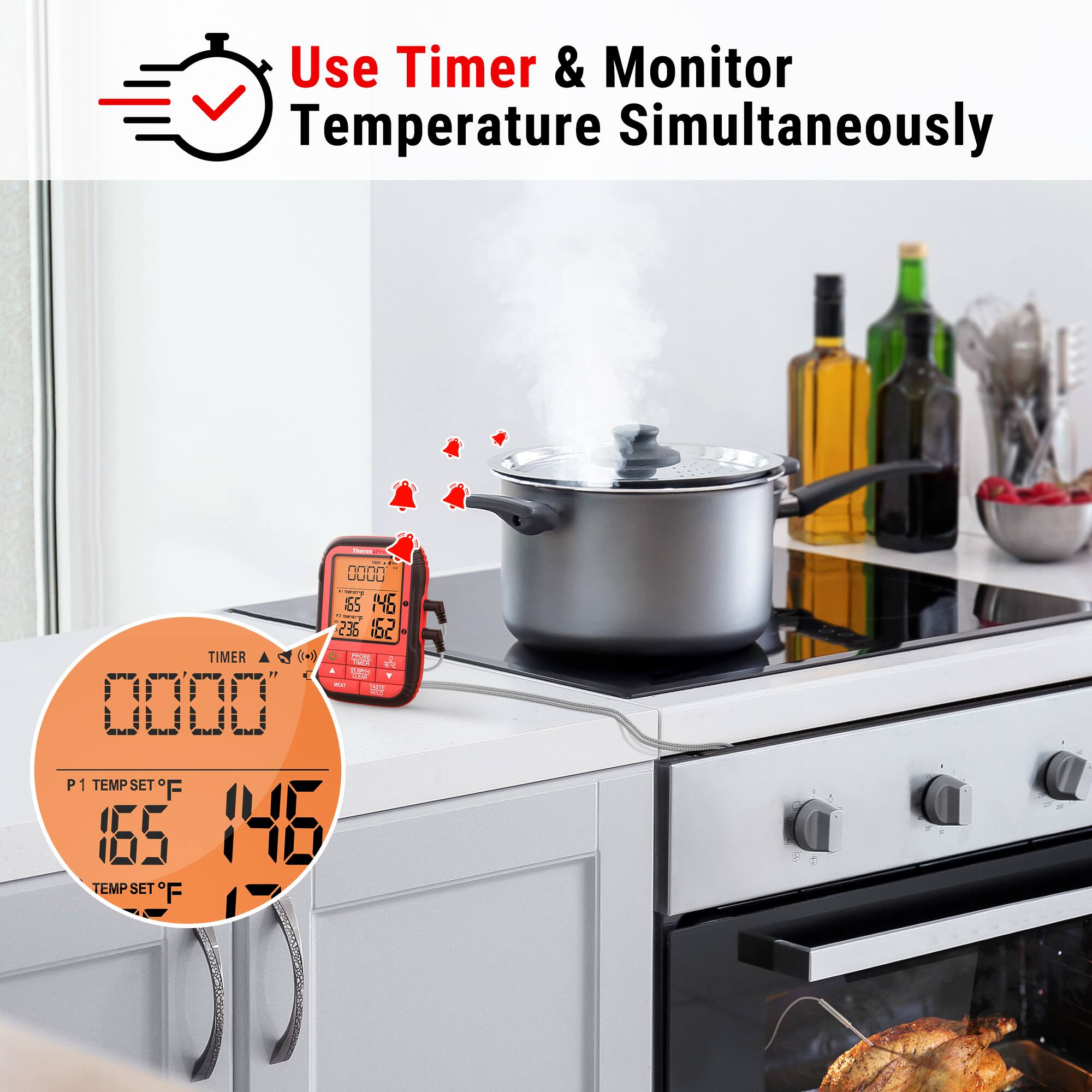 Use Timer & Monitor Temperature Simultaneously:

1. Set the timer to 155 degrees Fahrenheit.
2. Monitor the temperature simultaneously.
3. The timer will beep when the temperature is reached.
4. The timer can be reset for continuous monitoring.