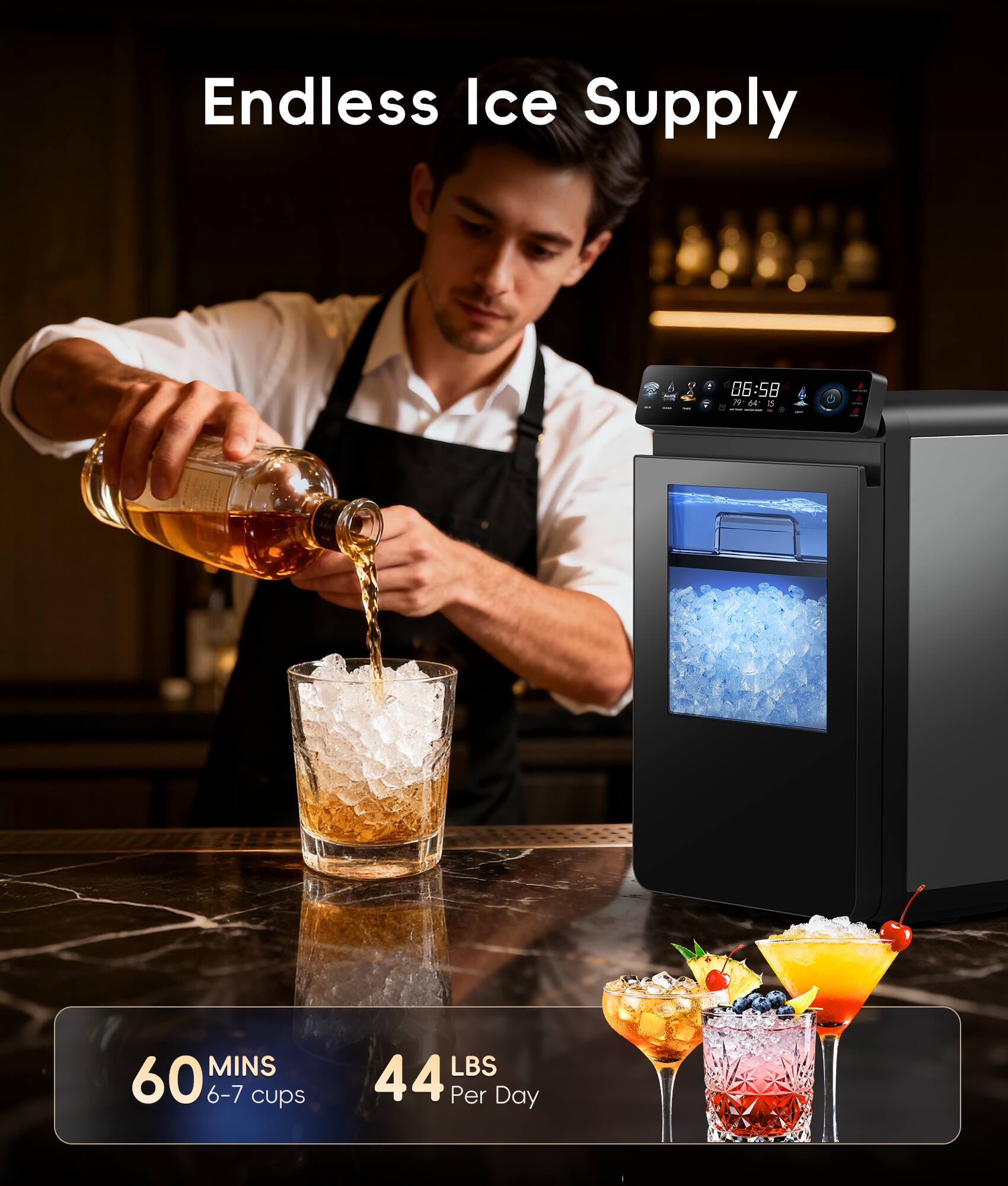 Endless Ice Supply

60 MINS  
6-7 cups

44 LBS  
Per Day