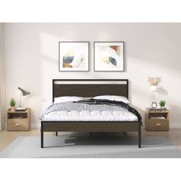 LUCKY ONE - Queen Size Ceres Metal Bed with Walnut Wood Headboard and Footboard, Industrial Style, Metal Slats, No Box Spring Needed - Black
