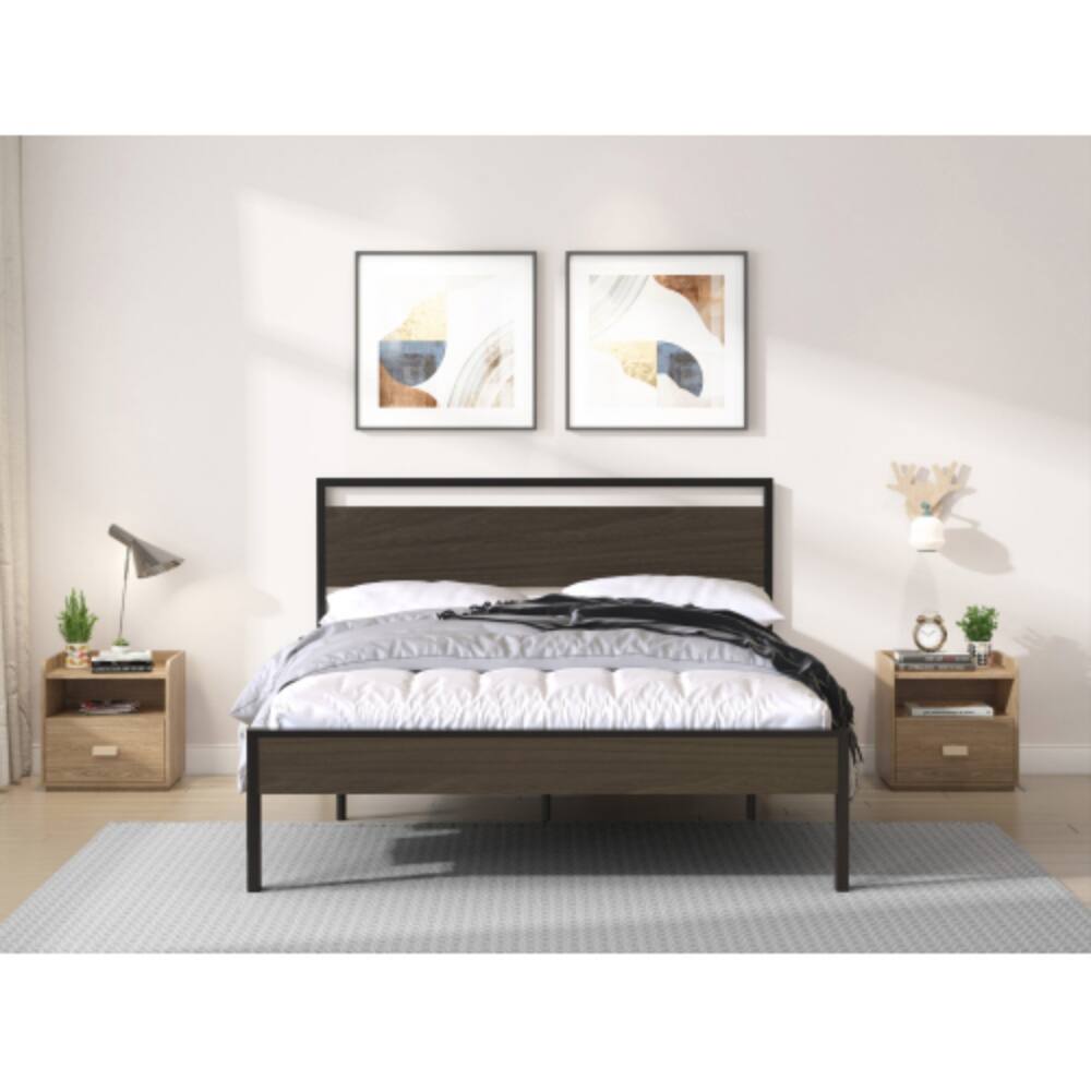 Front. LUCKY ONE - Queen Size Ceres Metal Bed with Walnut Wood Headboard and Footboard, Industrial Style, Metal Slats, No Box Spring Needed - Black.
