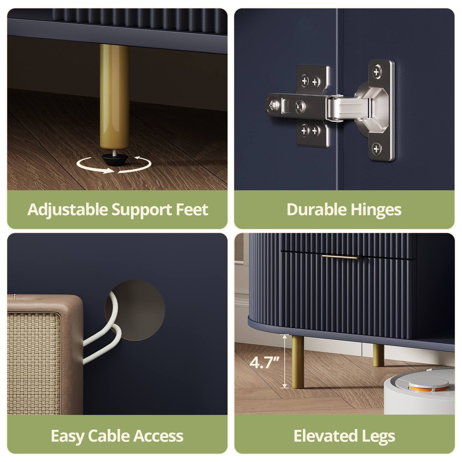 - Adjustable Support Feet
- Durable Hinges
- Easy Cable Access
- Elevated Legs (4.7")