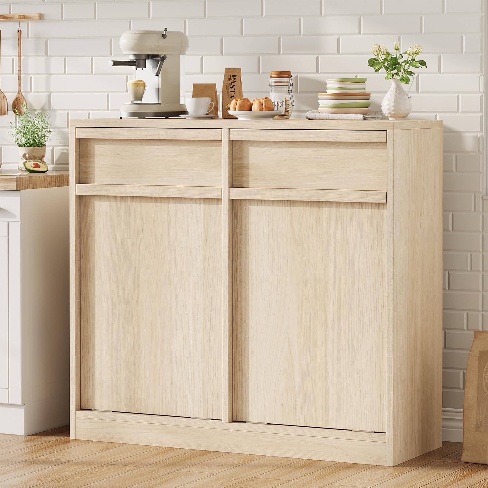 Angle. Jojoka - Double Tilt-Out Trash Cabinet 20 Gallon, Hidden Freestanding Garbage Bin Organizer with Drawer & Laundry Hamper - Natural.