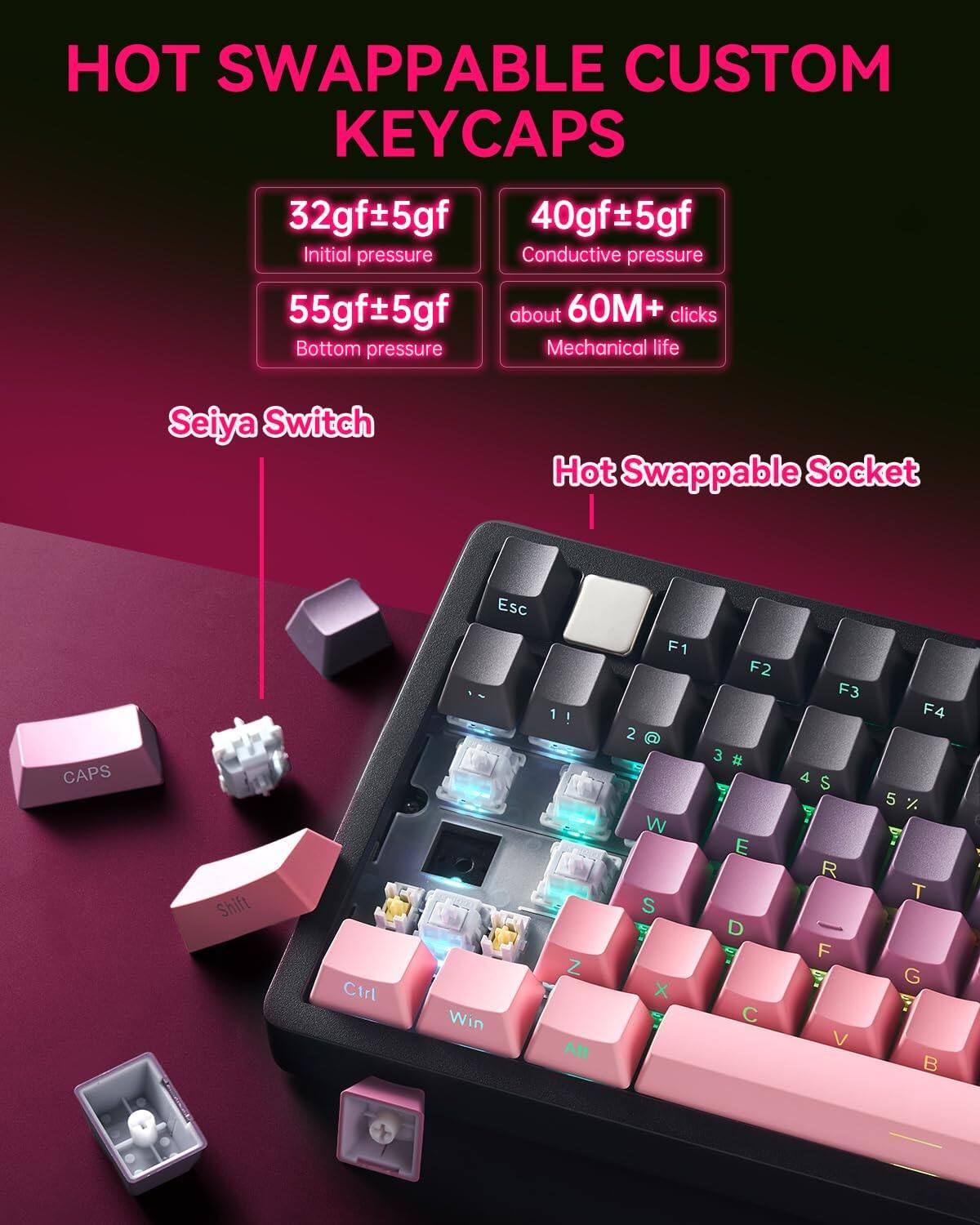 HOT SWAPPABLE CUSTOM KEYCAPS

32gf±5gf  
Initial pressure

40gf±5gf  
Conductive pressure

55gf±5gf  
Bottom pressure

about 60M+ clicks  
Mechanical life

Seiya Switch

Hot Swappable Socket

Esc CAPS Shift Ctrl Win  
1 ! Z Alt F1  
2 W S x 7 F2  
3 # 3 # 7 E D 7 C F3  
4 $ ? R F 7 V F4  
5 % T G T B E
