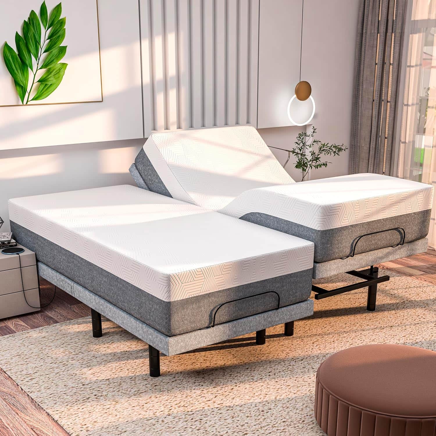 Renanim - SFE Split King Adjustable Bed Frame with 10" Memory Foam Mattress, Massage, USB, Remote & UnderBed Light - Electric Bed - Gray