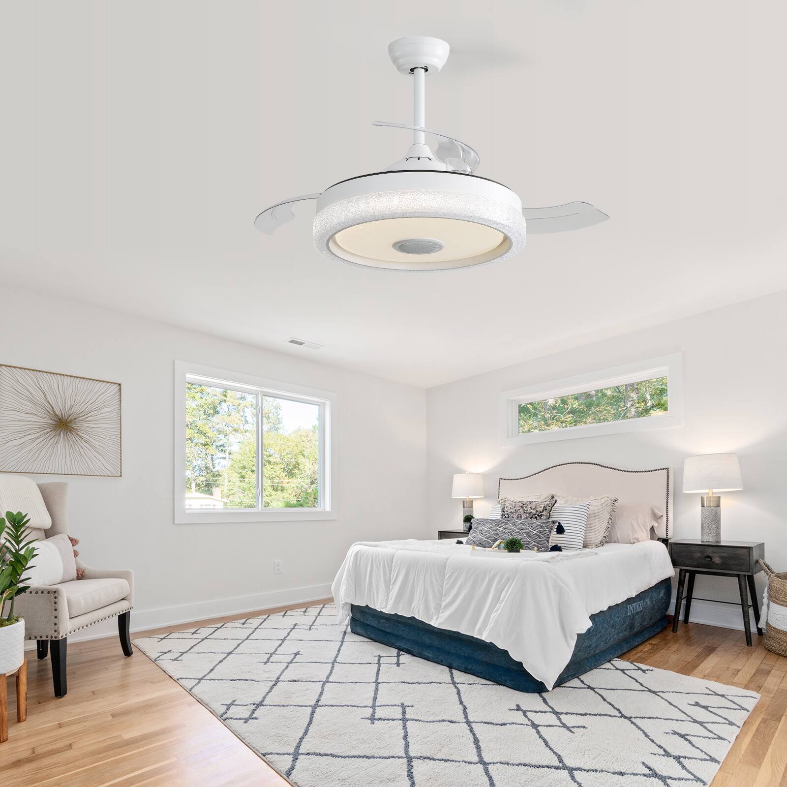 Alt View 4. Loheer - Loheer 42 Inch Retractable Ceiling Fan with Dimmable LED Light, Smart RGB Music Speaker and Remote.