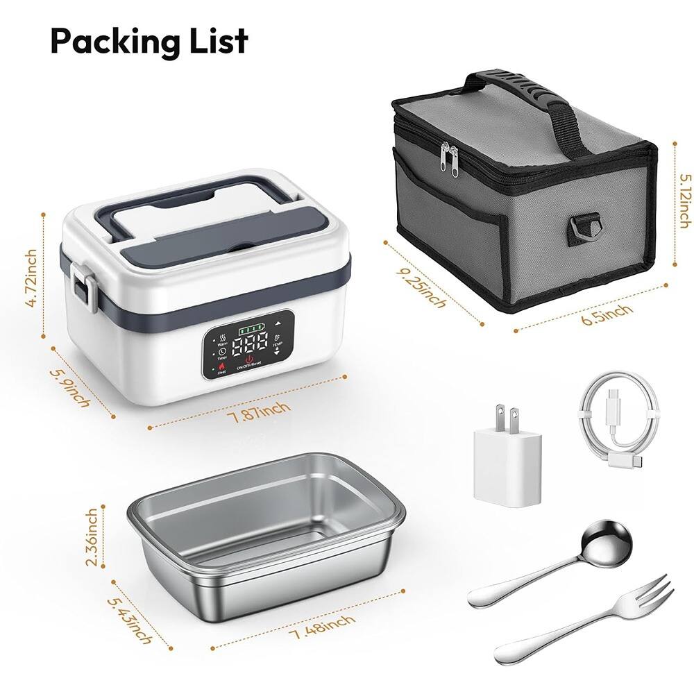 Packing List

- Cooler: 4.72 inch (height) x 7.87 inch (width) x 5 inch (depth)
- Cooler Bag: 5.12 inch (height) x 9.25 inch (width) x 6.5 inch (depth)
- Tray: 7.48 inch (length) x 5.43 inch (width) x 2.36 inch (height)
- Charger: 2.36 inch (height) x 5.12 inch (width) x 5 inch (depth)
- Utensils: Fork, Spoon, and Spatula (dimensions not specified)