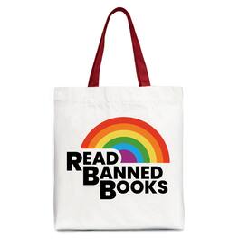OrnamentallyYou - Read Banned Books Rainbow Canvas Tote Bag, Book Lover Gift Shopper - White Red